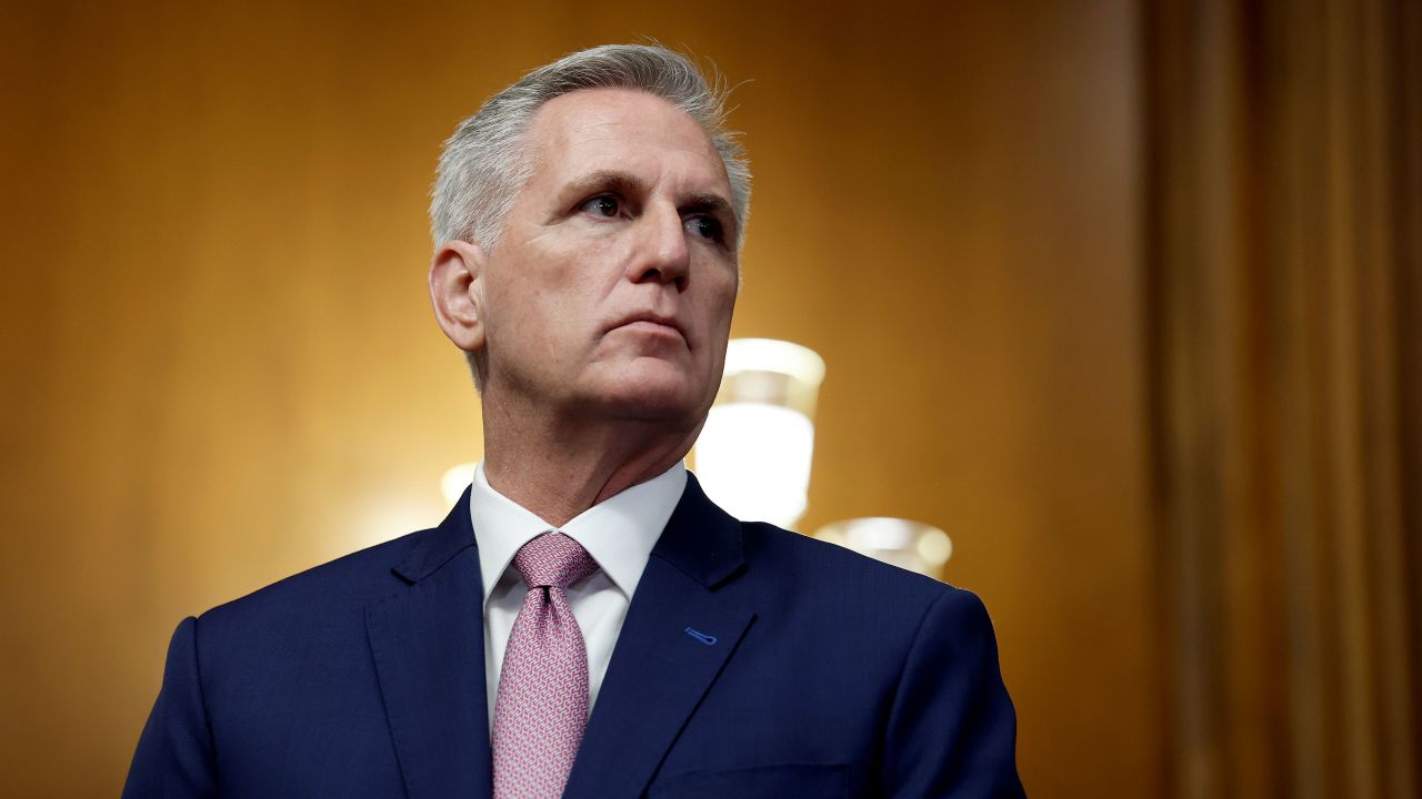 House Speaker Kevin McCarthy listens during a news conference at the US Capitol Building on July 14, 2023, in Washington, DC.