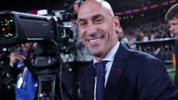 TOPSHOT - President of the Royal Spanish Football Federation Luis Rubiales (C) reacts at the end of the Australia and New Zealand 2023 Women's World Cup final football match between Spain and England at Stadium Australia in Sydney on August 20, 2023. (Photo by FRANCK FIFE / AFP) (Photo by FRANCK FIFE/AFP via Getty Images)