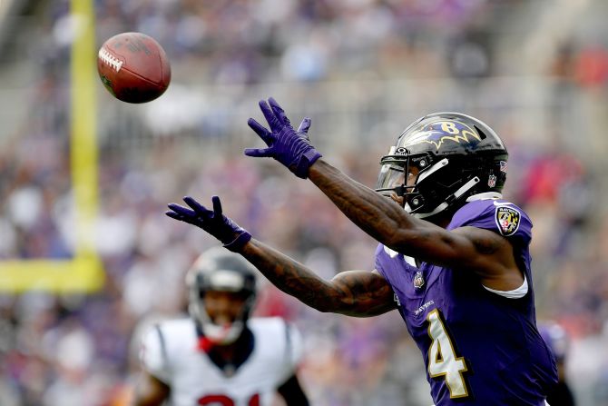 Baltimore Ravens wide receiver/punt returner Zay Flowers catches a deep pass in the first quarter against the Houston Texans on September 10. Baltimore fans had plenty of action to cheer as their team thoroughly handled the Texans 25-9.