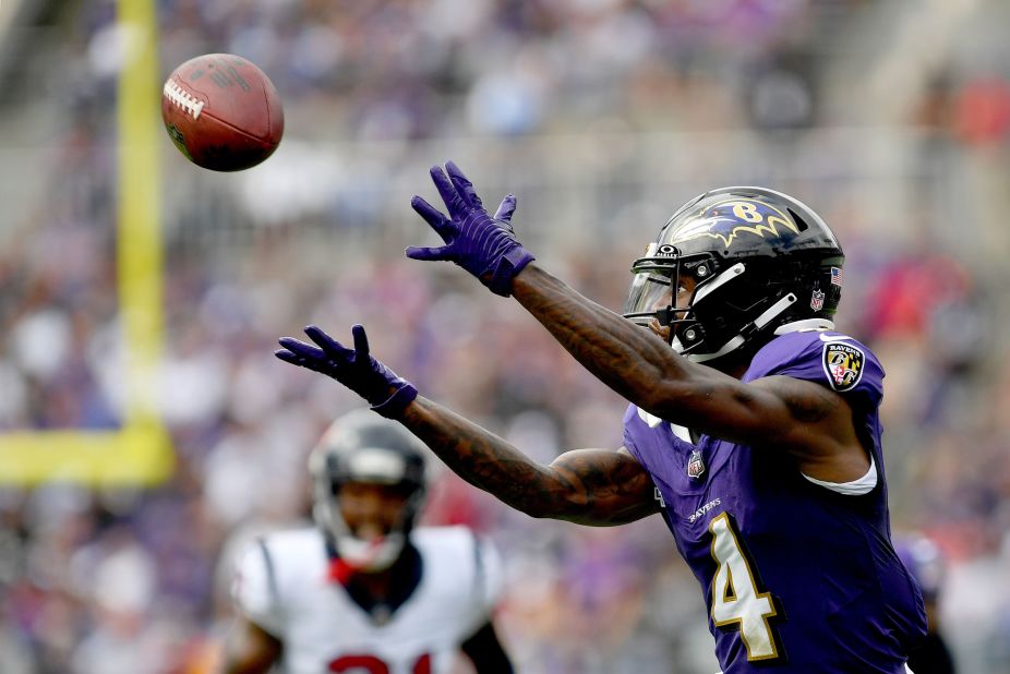 Baltimore Ravens wide receiver/punt returner Zay Flowers catches a deep pass in the first quarter during the Houston Texans. Baltimore fans had plenty of action to cheer as their team thoroughly handled the Texans 25-9.
