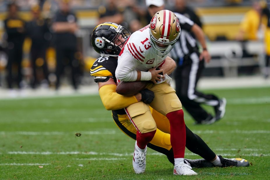Pittsburgh Steelers linebacker TJ Watt sacks San Francisco 49ers quarterback Brock Purdy. It was to be one of the only highlights for the home fans as the Niners won 30-7.