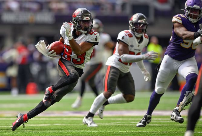 Tampa Bay Buccaneers wide receiver Deven Thompkins runs with the ball during the fourth quarter of a 20-17 win against the Minnesota Vikings at US Bank Stadium in Minneapolis on September 10. 