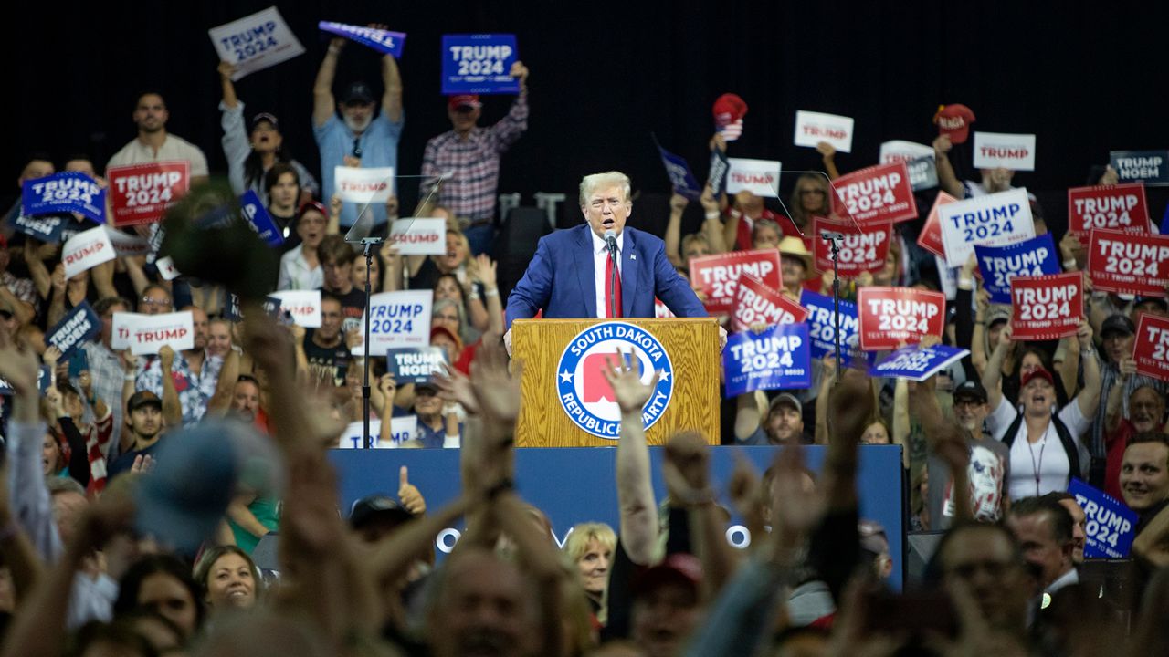 Former President Donald Trump speaks at the South Dakota Republican Party Monumental Leaders rally Friday, September 8, 2023, in Rapid City, South Dakota.