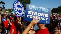 United Auto Workers members and others gather for a rally after marching in the Detroit Labor Day Parade on September 4, 2023 in Detroit, Michigan. 