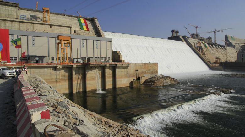 BENISHANGUL-GUMUZ, ETHIOPIA - FEBRUARY 19: A view of Grand Ethiopian Renaissance Dam, a massive hydropower plant on the River Nile that neighbors Sudan and Egypt, as the dam started to produce electricity generation in Benishangul-Gumuz, Ethiopia on February 19, 2022. Ethiopia built the dam on the Nile River in Guba, Benishangul Gumuz Region. The construction of the Grand Ethiopian Renaissance Dam has caused a row between Ethiopia and Egypt and Sudan. (Photo by Minasse Wondimu Hailu/Anadolu Agency via Getty Images)