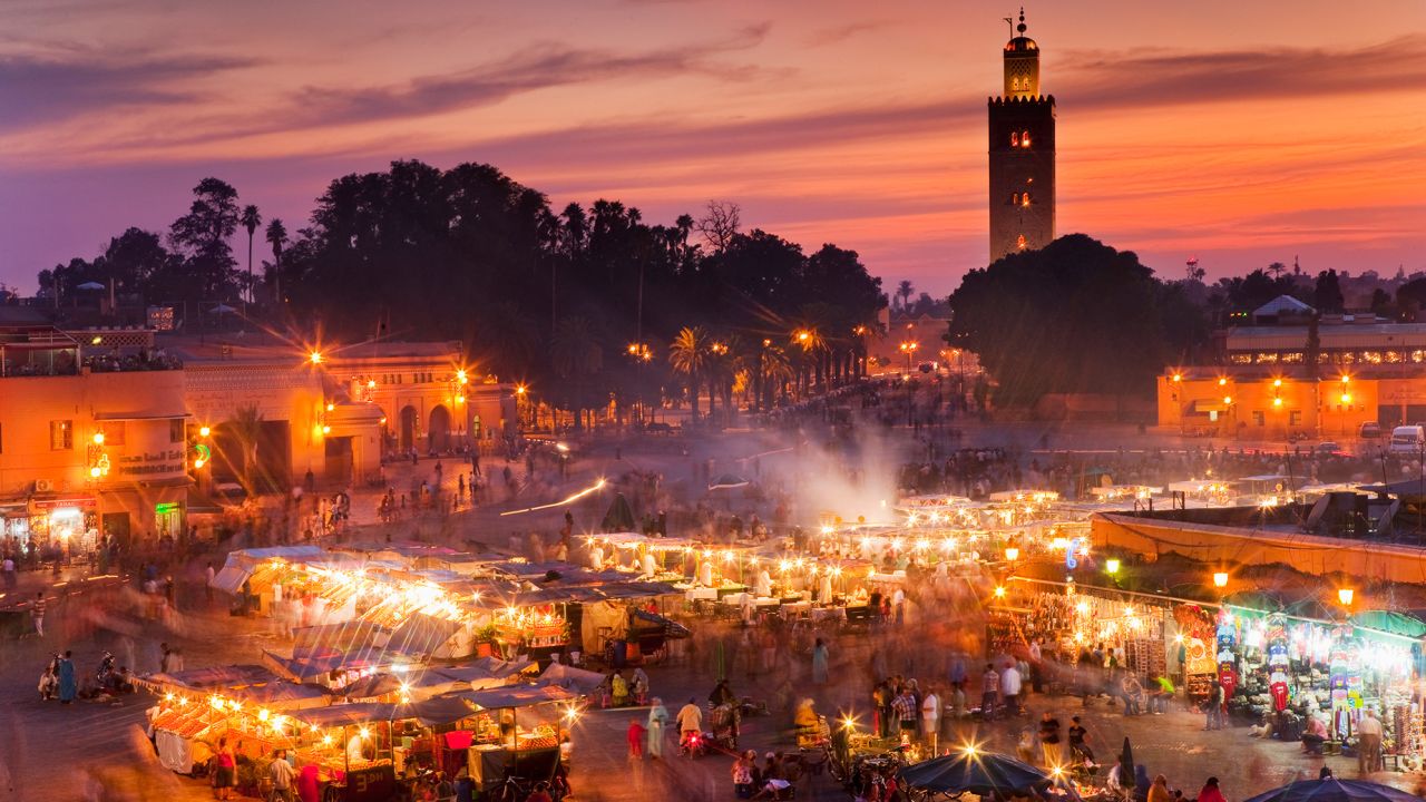 The iconic Jemaa el-Fna square is open, but muted -- but its mosque is barely recognizable.