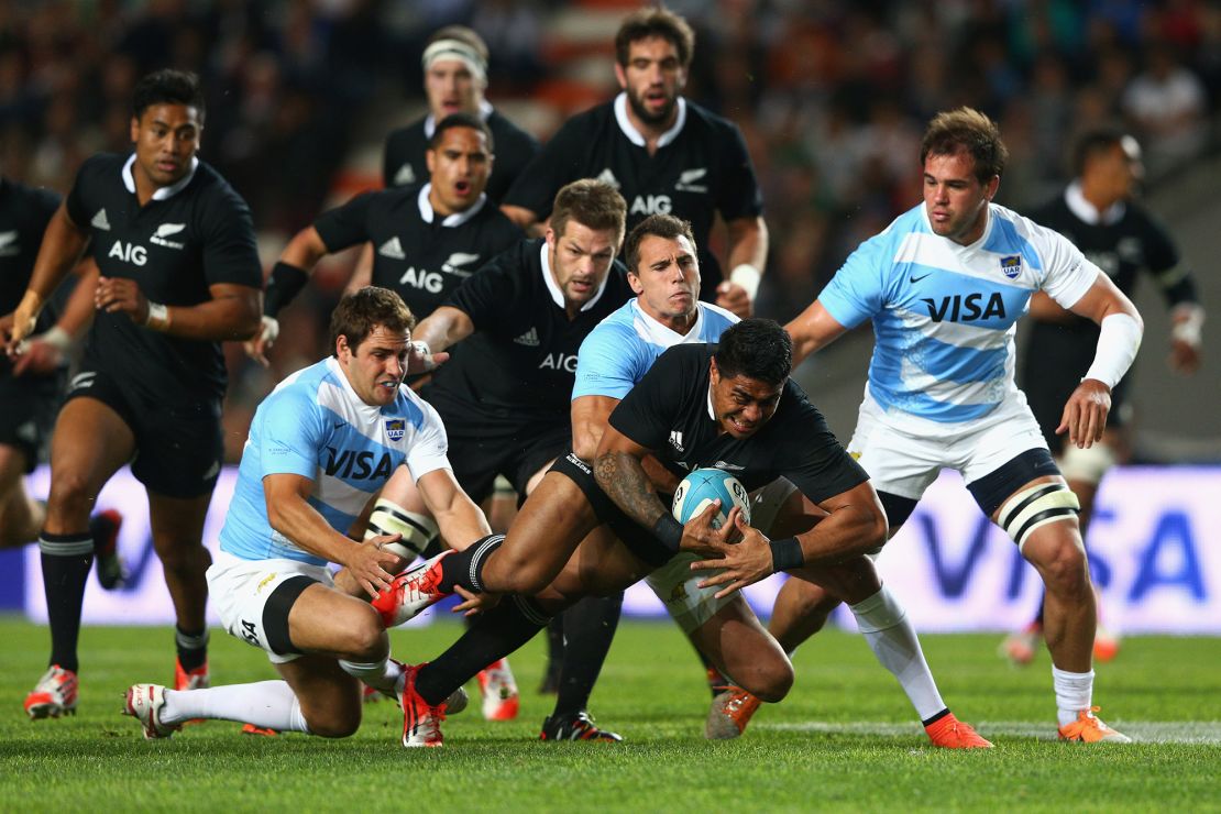 BUENOS AIRES, ARGENTINA - SEPTEMBER 27:  Malakai Fekitoa of the All Blacks is tackled during The Rugby Championship match between Argentina and the New Zealand All Blacks at Estadio Ciudad de La Plata on September 27, 2014 in Buenos Aires, Argentina.  (Photo by Cameron Spencer/Getty Images)