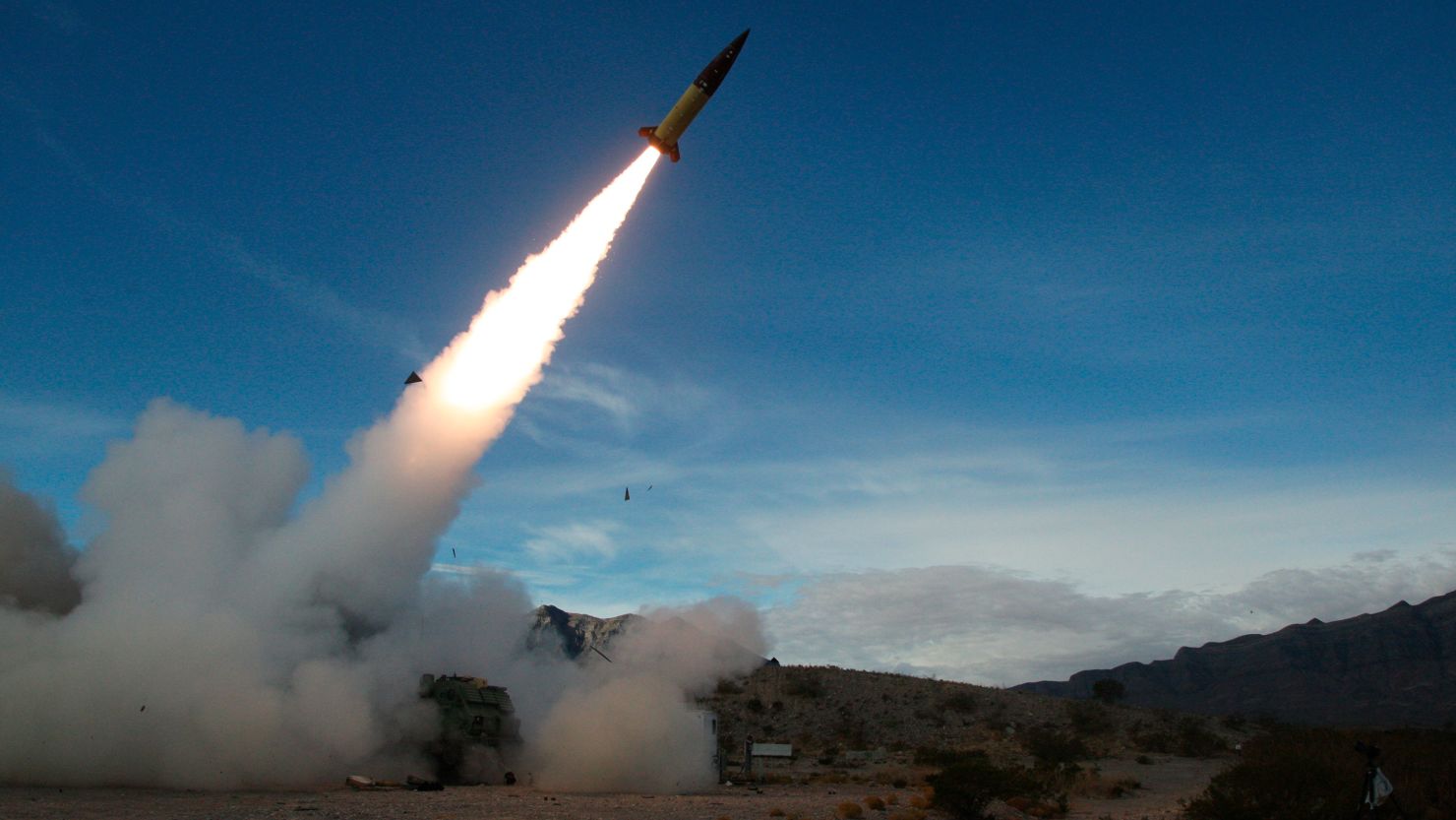 In this image provided by the US Army, soldiers from the 3rd Battalion, 321st Field Artillery Regiment of the 18th Field Artillery Brigade out of Fort Bragg, North Carolina, conduct live fire testing at White Sands Missile Range, New Mexico, in December 2021, of early versions of the Army Tactical Missile System. 