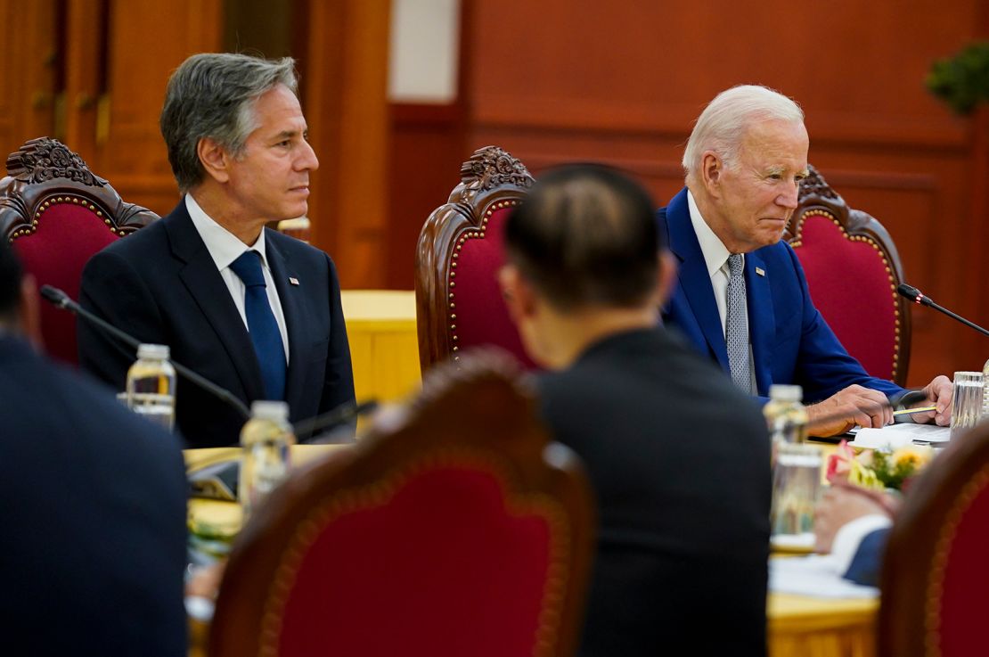 President Biden, right, and US Secretary of State Antony Blinken, left, meeting with Vietnam's General Secretary Nguyen Phu Trong at the Communist Party of Vietnam Headquarters, in Hanoi on Sunday