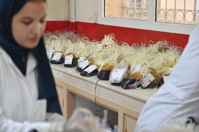 Bags of blood sit on a table at a blood center in Marrakech on September 11.