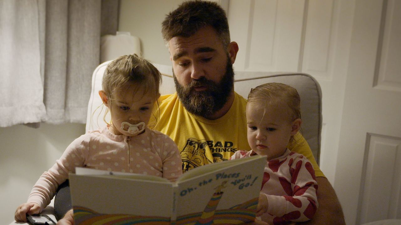 Jason Kelce and his children in a scene from "Kelce."