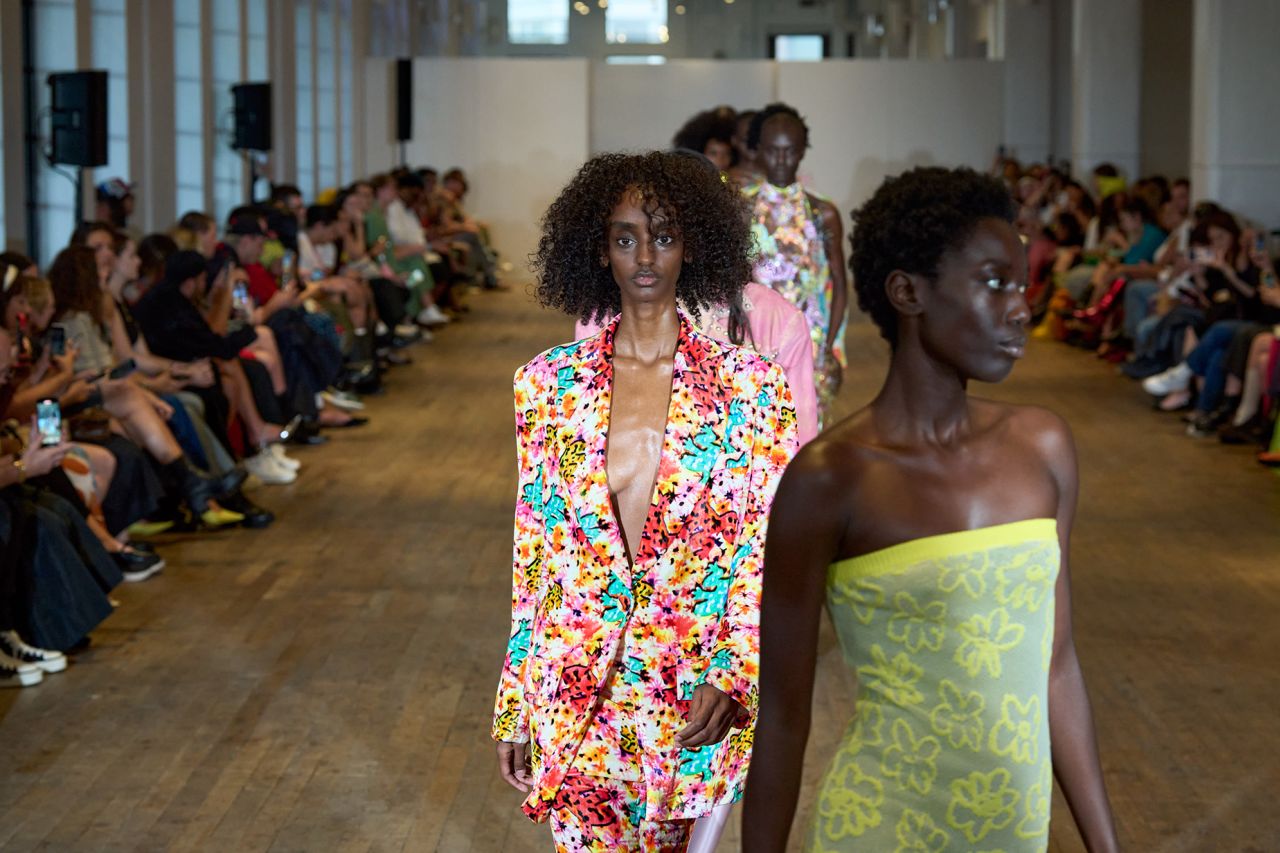 Colin Locascio's bright, punchy, hyper-floral collection experimented with the texture and form of suits and gowns.