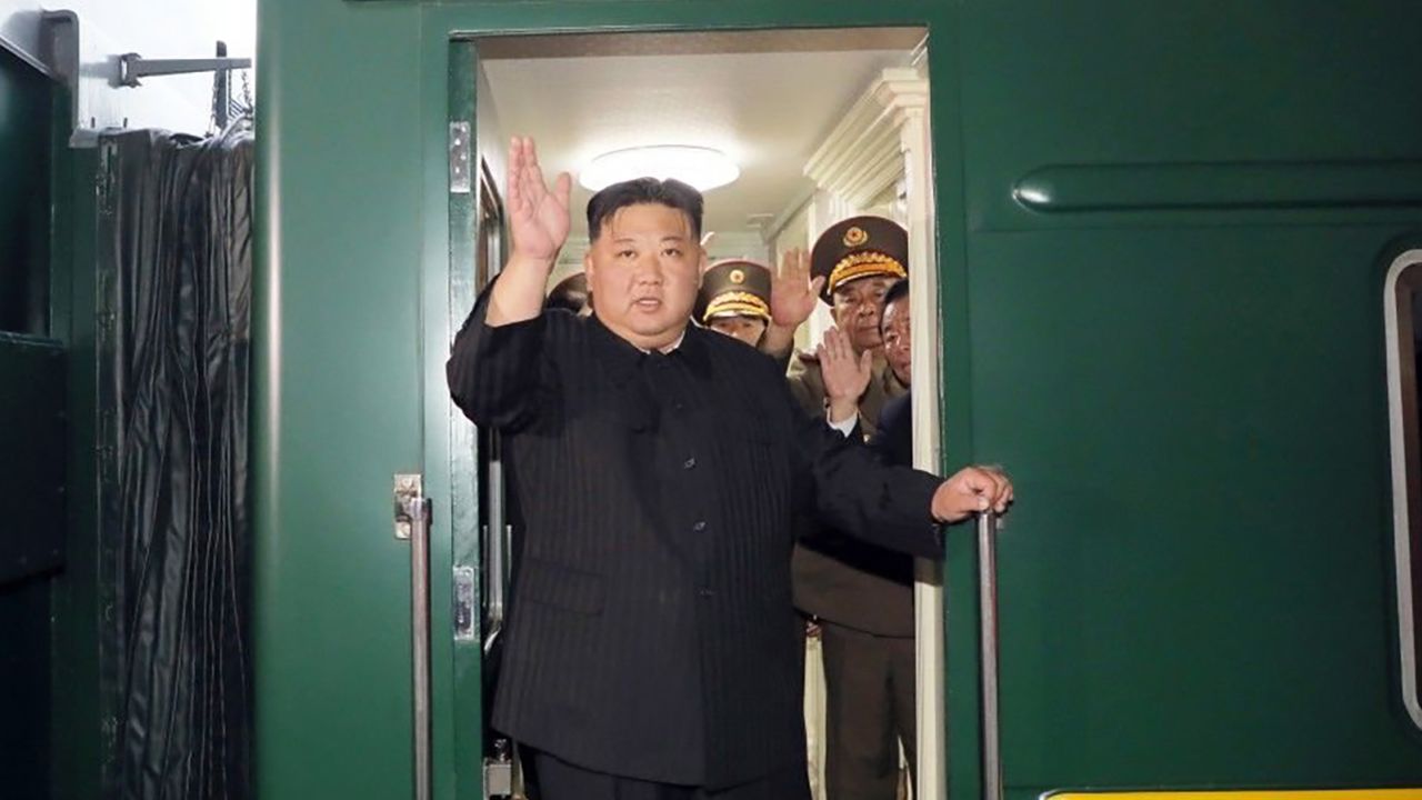 North Korean leader Kim Jong Un waves before departing Pyongyang for Russia on September 11, 2023.