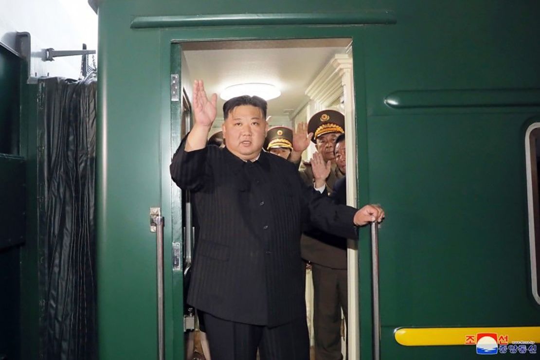 North Korean leader Kim Jong Un waves before departing Pyongyang for Russia on September 11, 2023.