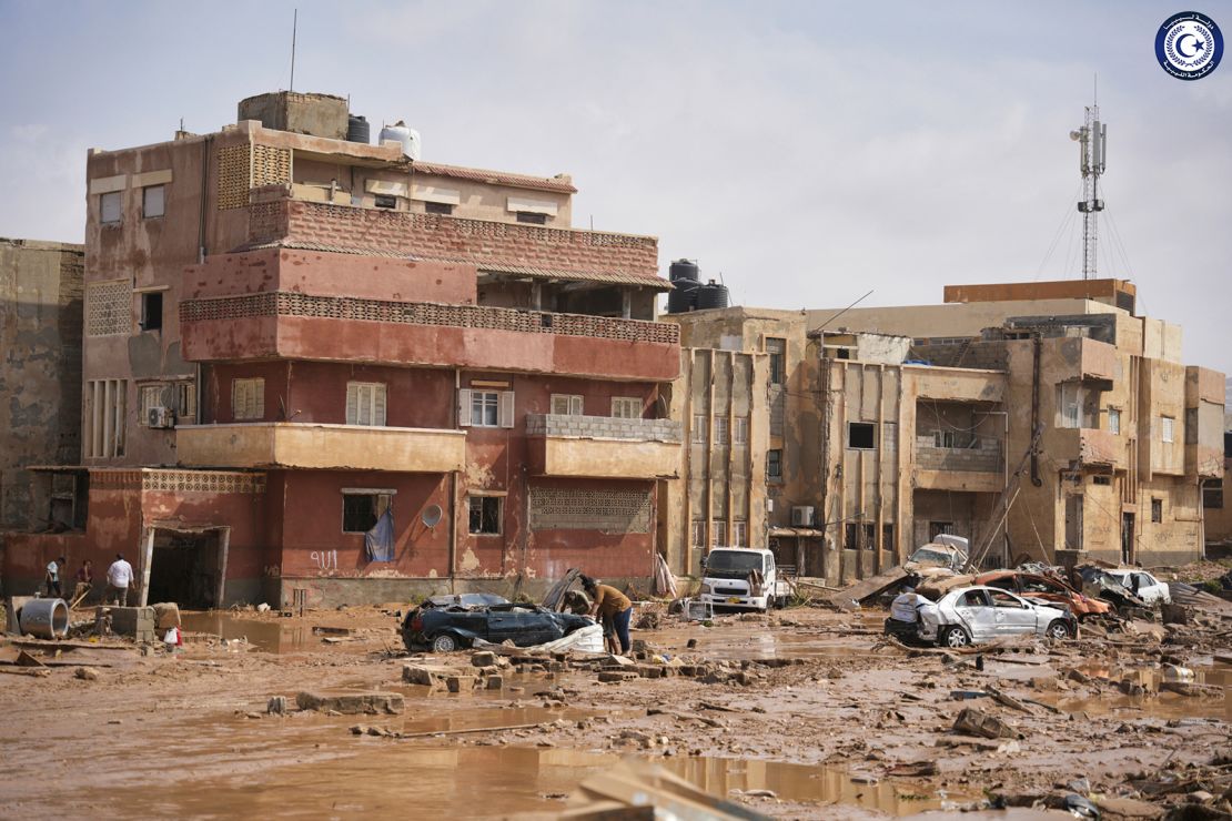 Cars and rubble on a street in Derna, Libya, on Monday, Sept. 11, 2023.