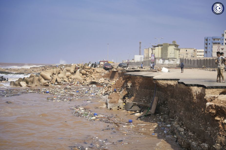 A seaside road is collapsed in Derna on September 11.