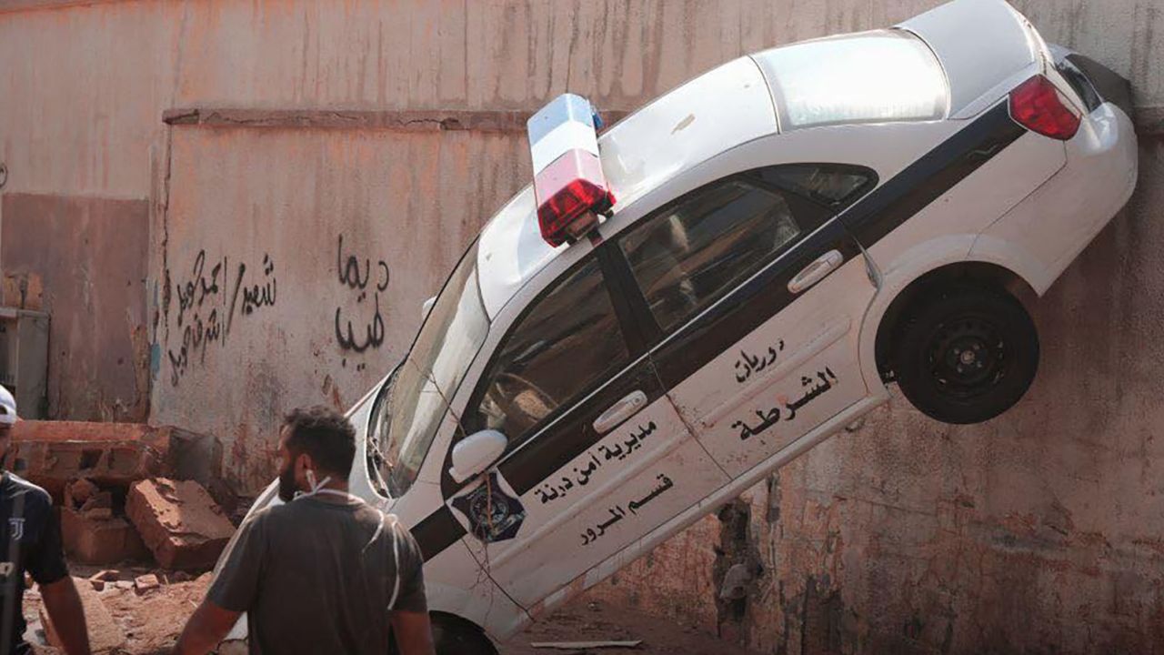 A damaged police car in Derna, Libya, on September 11, 2023.