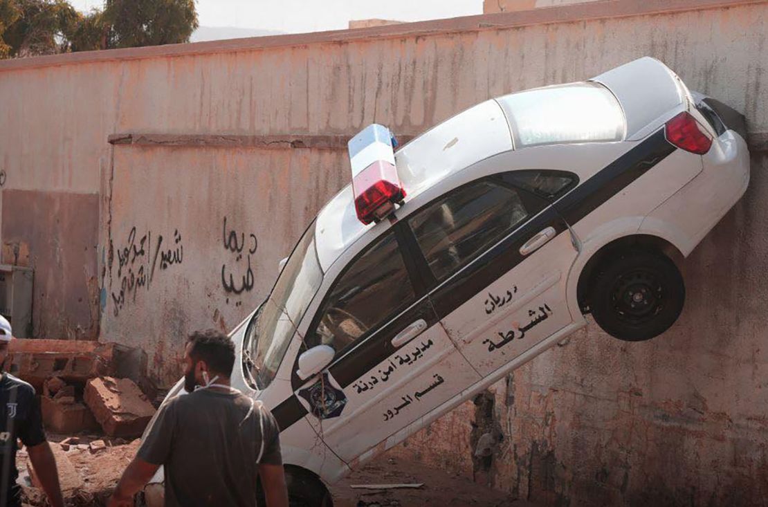 A damaged police car in Derna, Libya, on September 11, 2023.