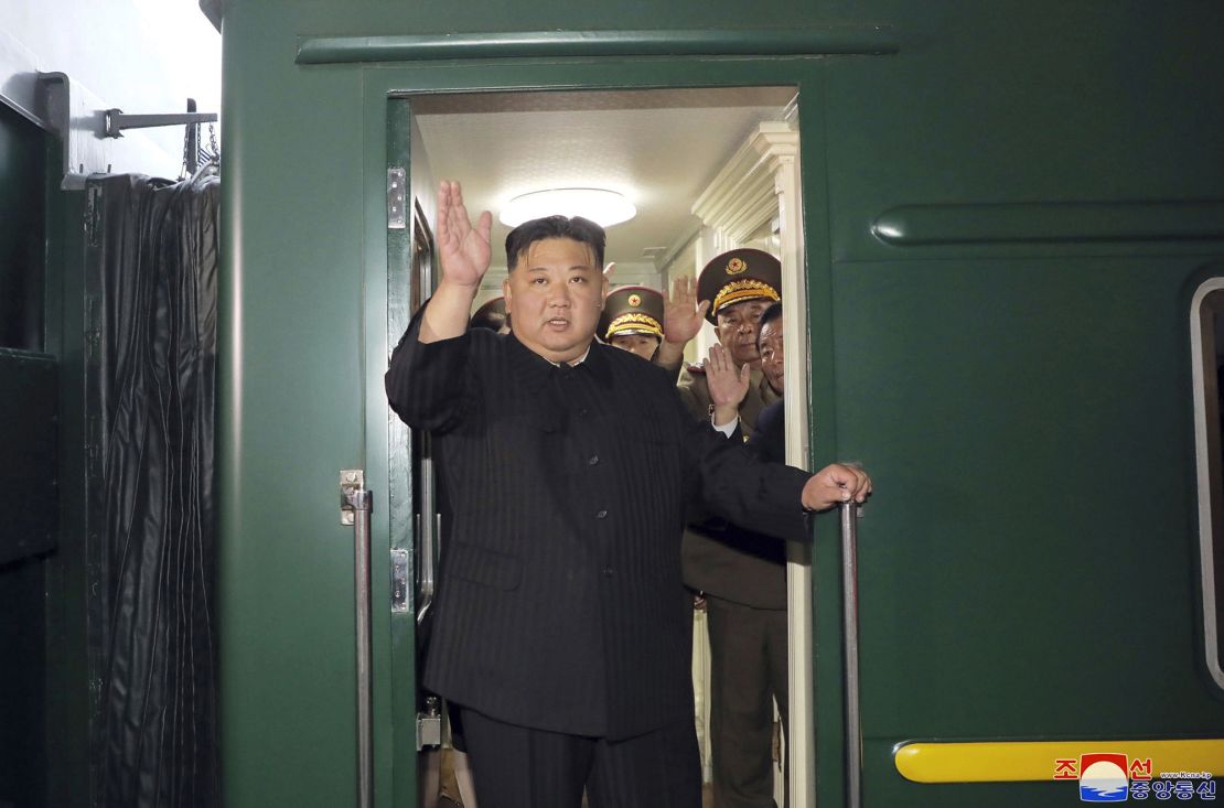 This Sept. 10, 2023 photo provided by the North Korean government shows that North Korea leader Kim Jong Un waves from a train in Pyongyang, North Korea, as he leaves for Russia. Independent journalists were not given access to cover the event depicted in this image distributed by the North Korean government. The content of this image is as provided and cannot be independently verified. Korean language watermark on image as provided by source reads: "KCNA" which is the abbreviation for Korean Central News Agency. (Korean Central News Agency/Korea News Service via AP)