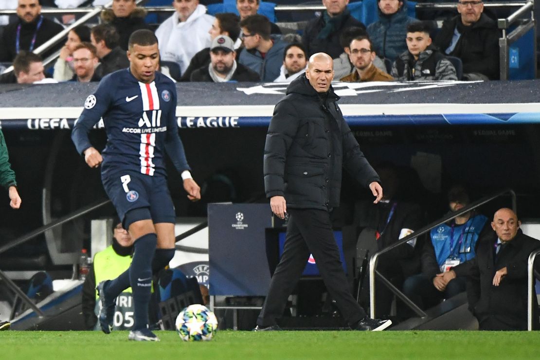 Kylian MBAPPE of PSG and Zinedine ZIDANE coach of Real Madrid during the Champions League match between Real Madrid and Paris at Estadio Santiago Bernabeu on November 26, 2019 in Madrid, Spain. (Photo by Anthony Dibon/Icon Sport via Getty Images)