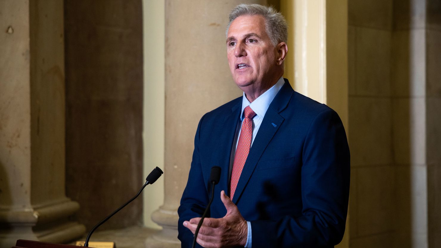House Speaker Kevin McCarthy speaks during a media availability to announce an impeachment inquiry into President Biden at the Capitol on September 12.