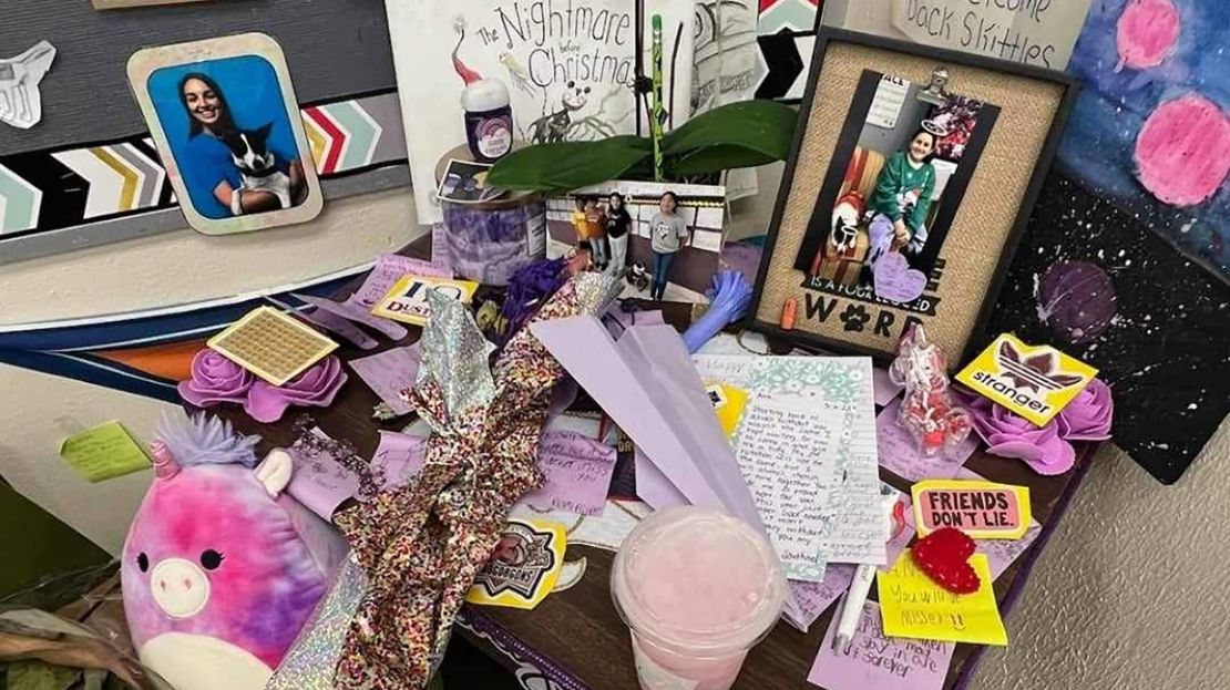 An in-classroom memorial created by students and staff is seen for Amethyst Sistine Silva.