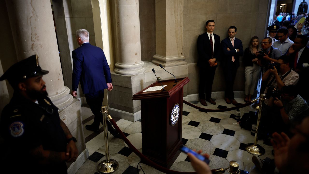 Speaker of the House Kevin McCarthy walks back into his office after announcing an impeachment inquiry against President Joe Biden to members of the news media at the Capitol on September 12, 2023 in Washington, DC. 