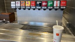 Soda fountain with drink cup visible at McDonald's restaurant in Lafayette, California, March 14, 2022. Photo courtesy Sftm. (Photo by Gado/Getty Images)
