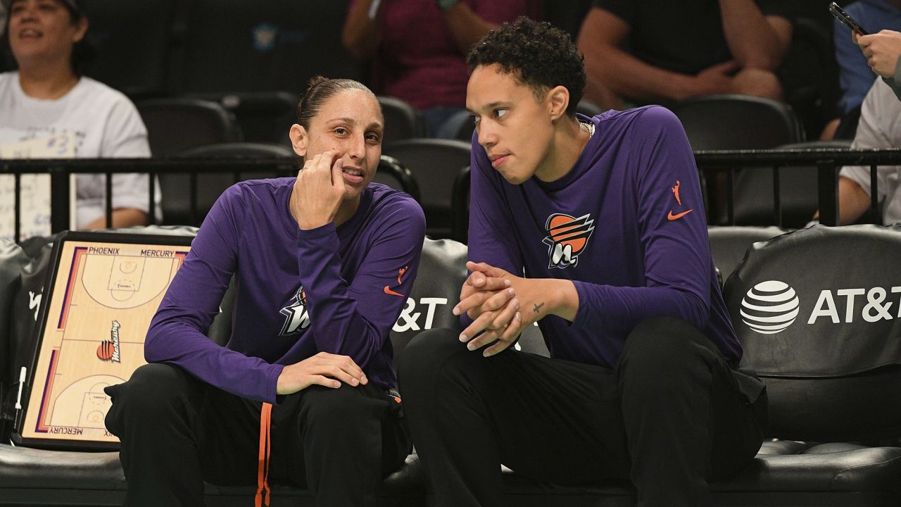 BROOKLYN, NY - JUNE 18: Phoenix Mercury guard Diana Taurasi (3) and Phoenix Mercury center Brittney Griner (42) interact on the bench before a WNBA game between the Phoenix Mercury and the New York Liberty on June 18, 2023 at Barclays Center in Brooklyn, NY. (Photo by Erica Denhoff/Icon Sportswire) (Icon Sportswire via AP Images)