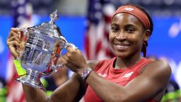 NEW YORK, NEW YORK - SEPTEMBER 09: Coco Gauff of the United States celebrates after defeating Aryna Sabalenka of Belarus in their Women's Singles Final match on Day Thirteen of the 2023 US Open at the USTA Billie Jean King National Tennis Center on September 09, 2023 in the Flushing neighborhood of the Queens borough of New York City. (Photo by Elsa/Getty Images)