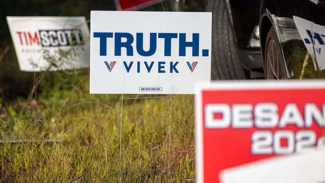 Campaign signs for 2024 Republican presidential candidates are seen in Salem, New Hampshire, on September 4, 2023.