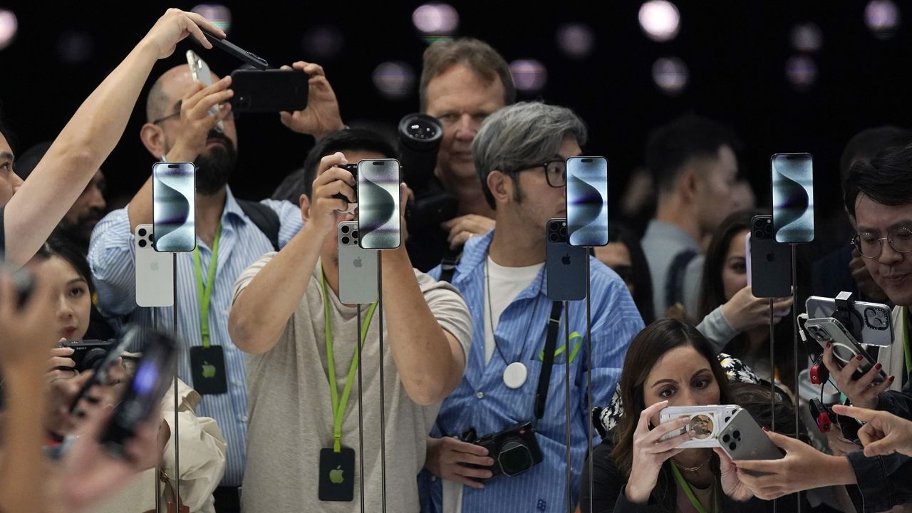 The iPhone 15 Pro is displayed after its introduction on the Apple campus, Tuesday, Sept. 12, 2023, in Cupertino, Calif.