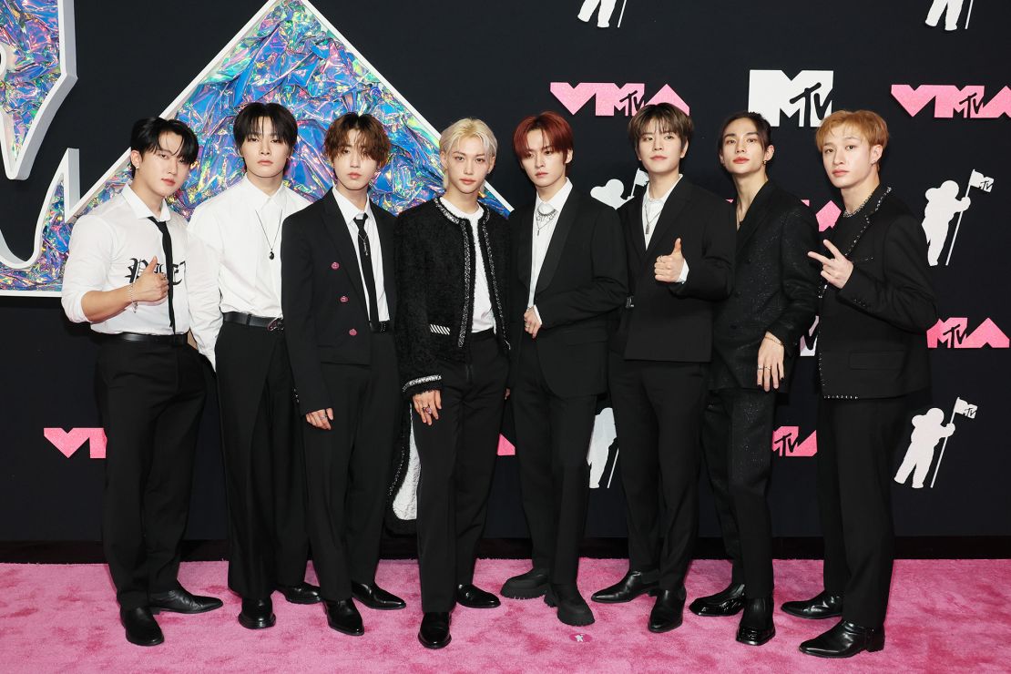 South Korean boy band Stray Kids, nominated in the Best K-Pop category, were smartly coordinated in black and white ensembles.