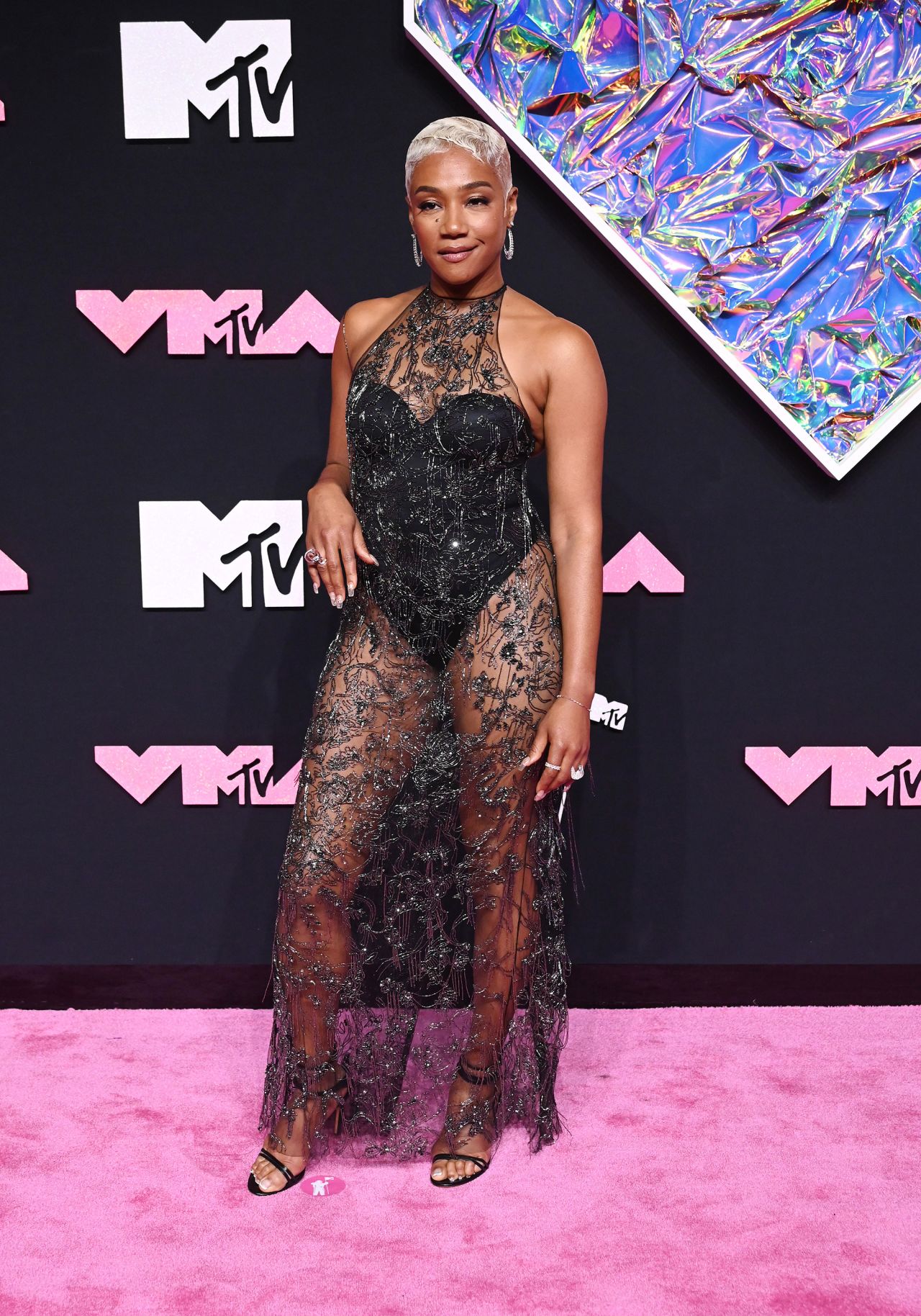 Tiffany Haddish was one of numerous stars opting for sheer looks. She wore an embellished Jason Wu dress, with a black bodysuit underneath, as well as Giuseppe Zanotti shoes and earrings and rings by Reza. 
 