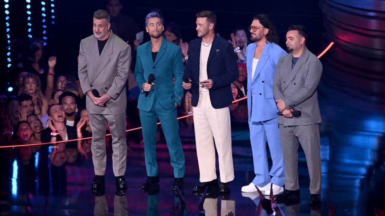 (From left) Joey Fatone, Lance Bass, Justin Timberlake, JC Chasez and Chris Kirkpatrick of *NSYNC at the 2023 MTV Video Music Awards in New Jersey on Tuesday. 