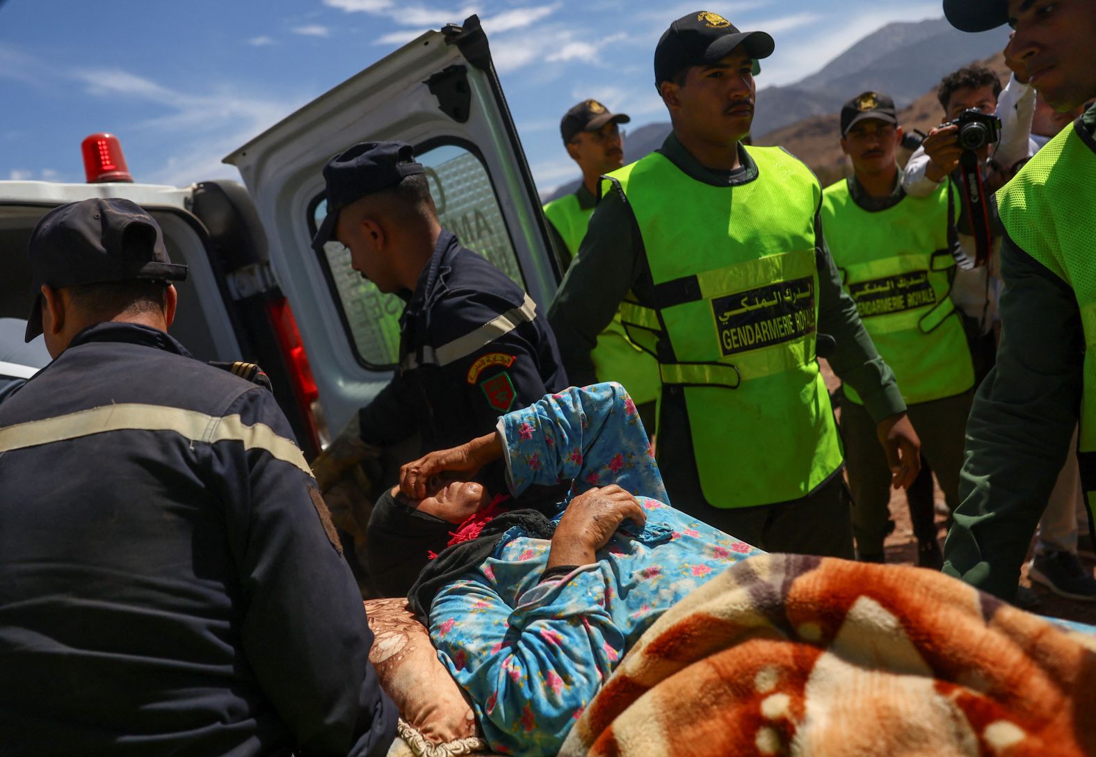 An injured earthquake survivor is taken to a hospital in Talat N'Yaaqoub on September 12.
