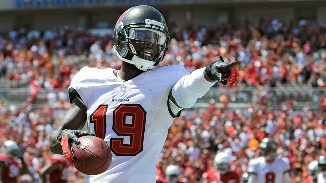 Tampa Bay Buccaneers wide receiver Mike Williams celebrates after catching a touchdown pass during an NFL football game on Sept. 29, 2013, in Tampa. 