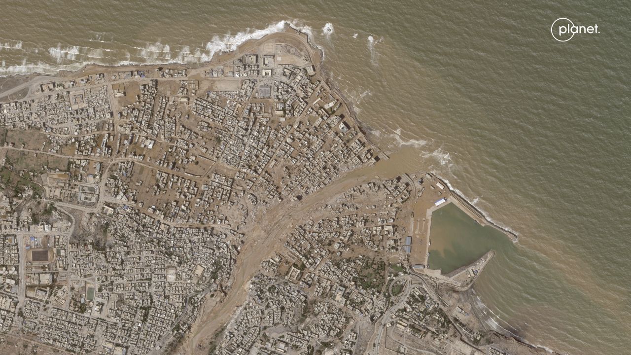 A satellite photo shows flooding in Derna, Libya, on Tuesday, Sept. 12, 2023 via Planet Labs PBC.
