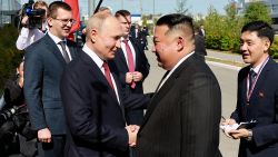 Russia's President Vladimir Putin shakes hands with North Korea's leader Kim Jong Un during a meeting at the Vostochny Сosmodrome in the far eastern Amur region, Russia, September 13, 2023. Sputnik/Vladimir Smirnov/Pool via REUTERS ATTENTION EDITORS - THIS IMAGE WAS PROVIDED BY A THIRD PARTY.     TPX IMAGES OF THE DAY