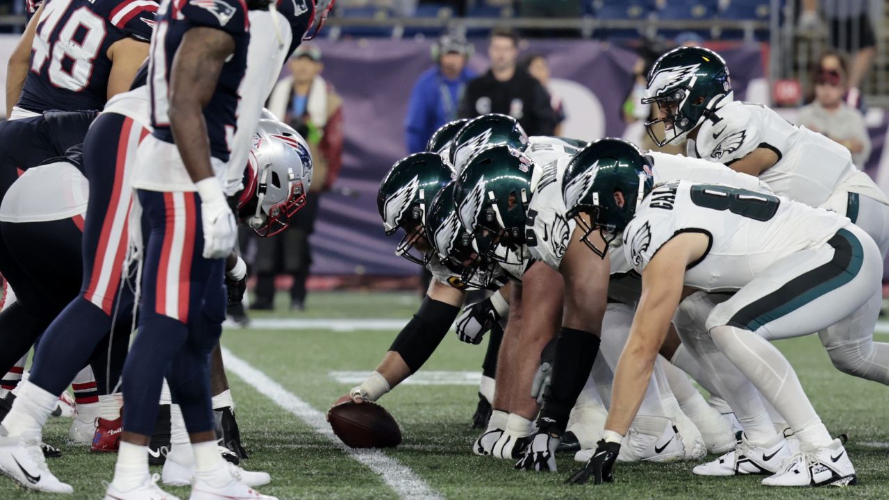 FOXBOROUGH, MA - SEPTEMBER 10: Along the line of scrimmage during a game between the New England Patriots and the Philadelphia Eagles on September 10, 2023, at Gillette Stadium in Foxborough, Massachusetts. (Photo by Fred Kfoury III/Icon Sportswire via Getty Images)