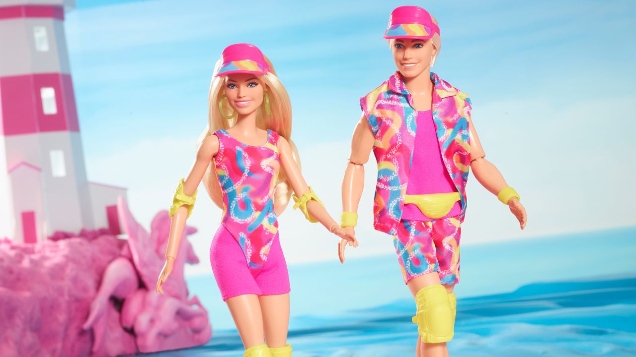 'Barbie The Movie' Ken and Barbie dolls in inline skating outfits.