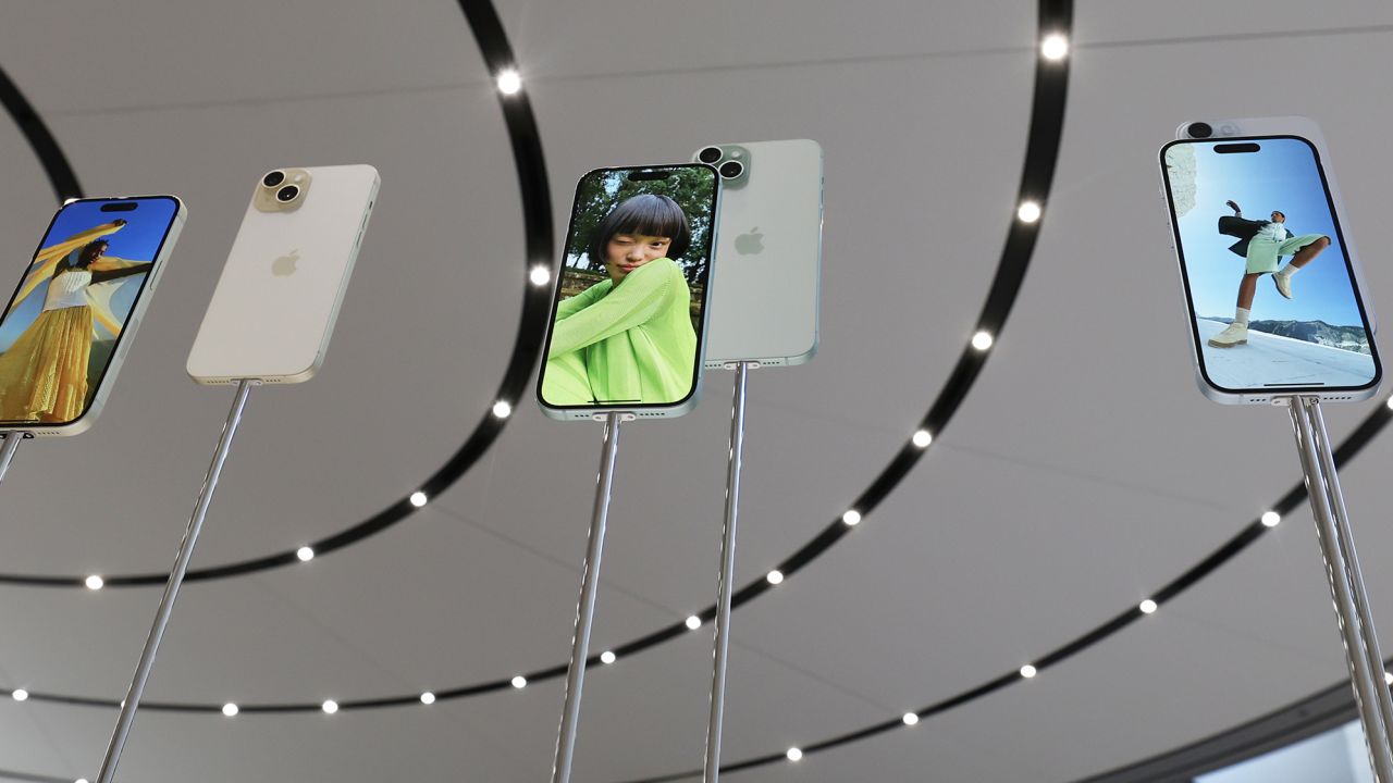 The new iPhone 15 is displayed during an Apple event at the Steve Jobs Theater at Apple Park on September 12, 2023 in Cupertino, California. A