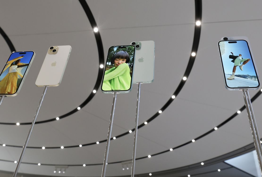 The new iPhone 15 is displayed during an Apple event at the Steve Jobs Theater at Apple Park on September 12, 2023 in Cupertino, California. A