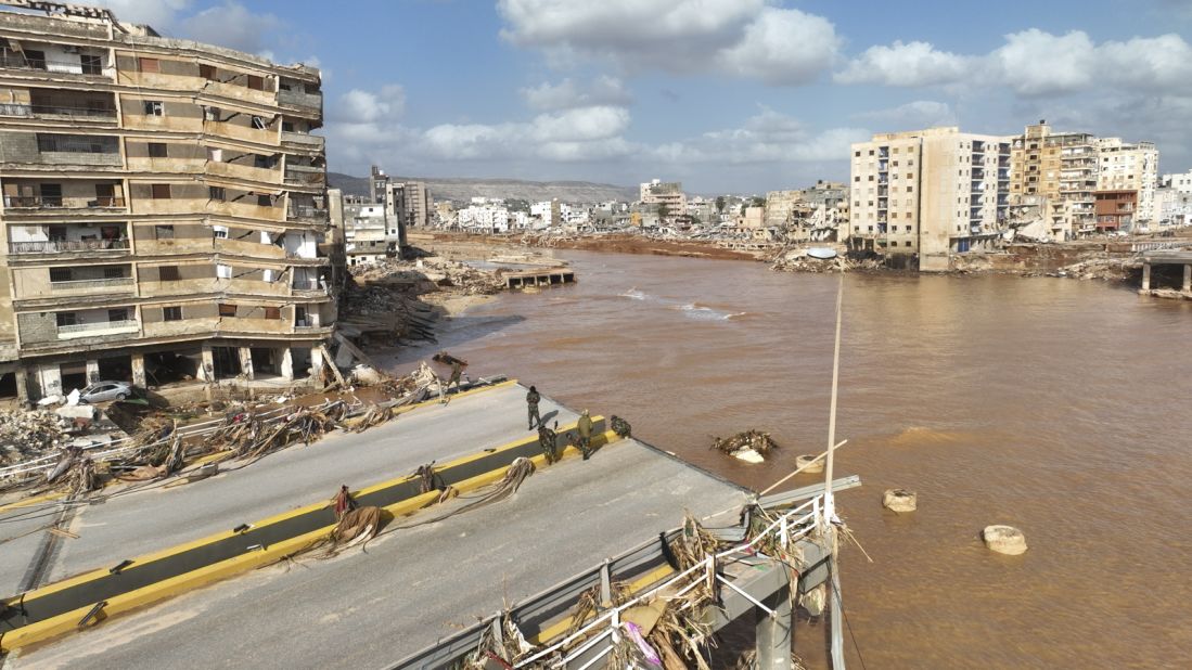 A road is collapsed in Derna on September 12.