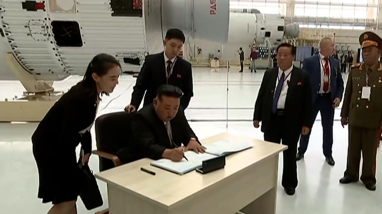 Kim Jong Un's sister stands alongside the North Korean leader at the Vostochny Сosmodrome in the Amur region, Russia, on September 13, 2023.