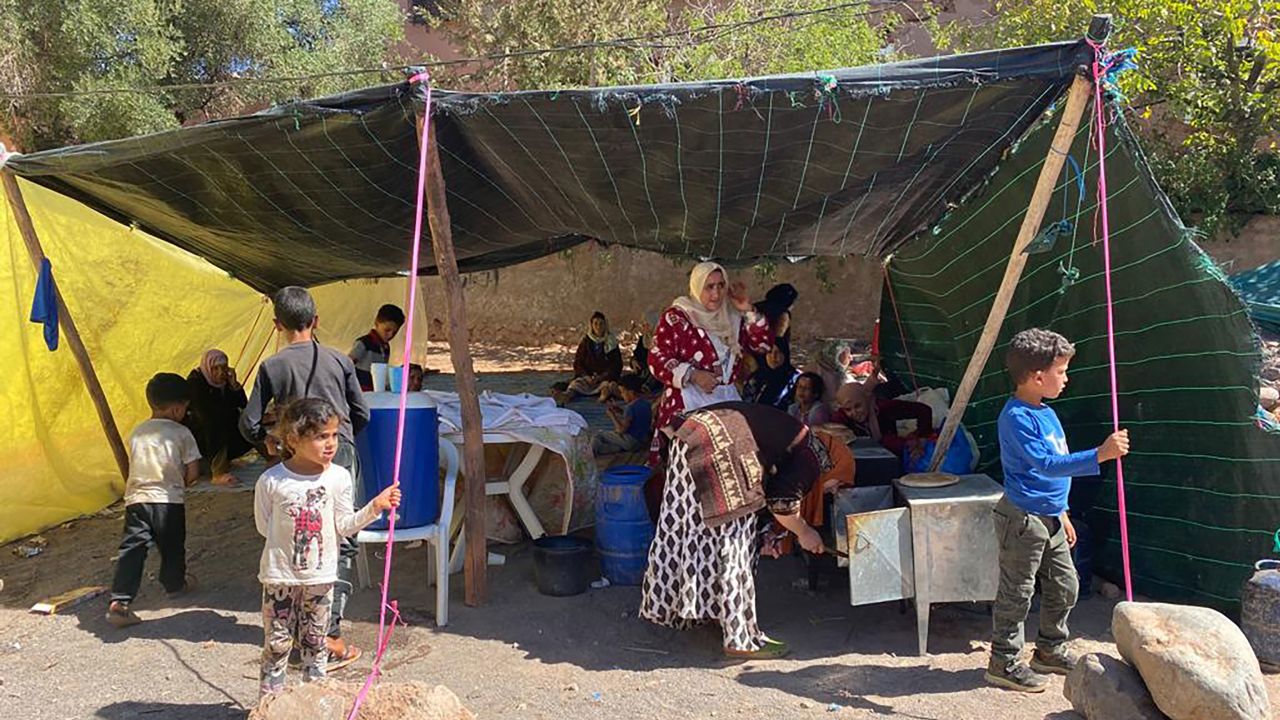Yellow tents are being built in badly hit villages, offering some shelter.