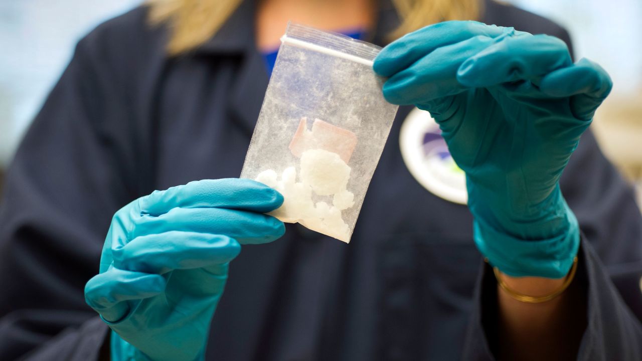A bag of 4-fluoro isobutyryl fentanyl which was seized in a drug raid is displayed at the Drug Enforcement Administration Special Testing and Research Laboratory in Sterling, Virginia, in 2016.