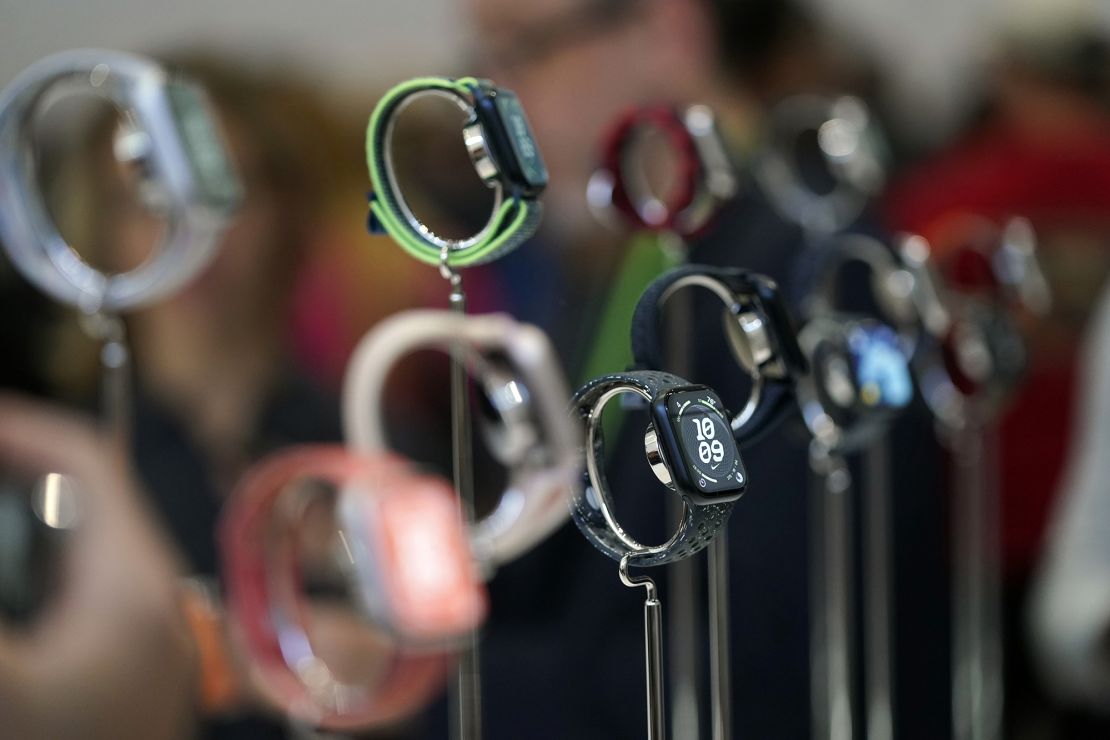 Apple Watches are displayed during an announcement of new products on the Apple campus Tuesday, Sept. 12, 2023, in Cupertino, Calif.