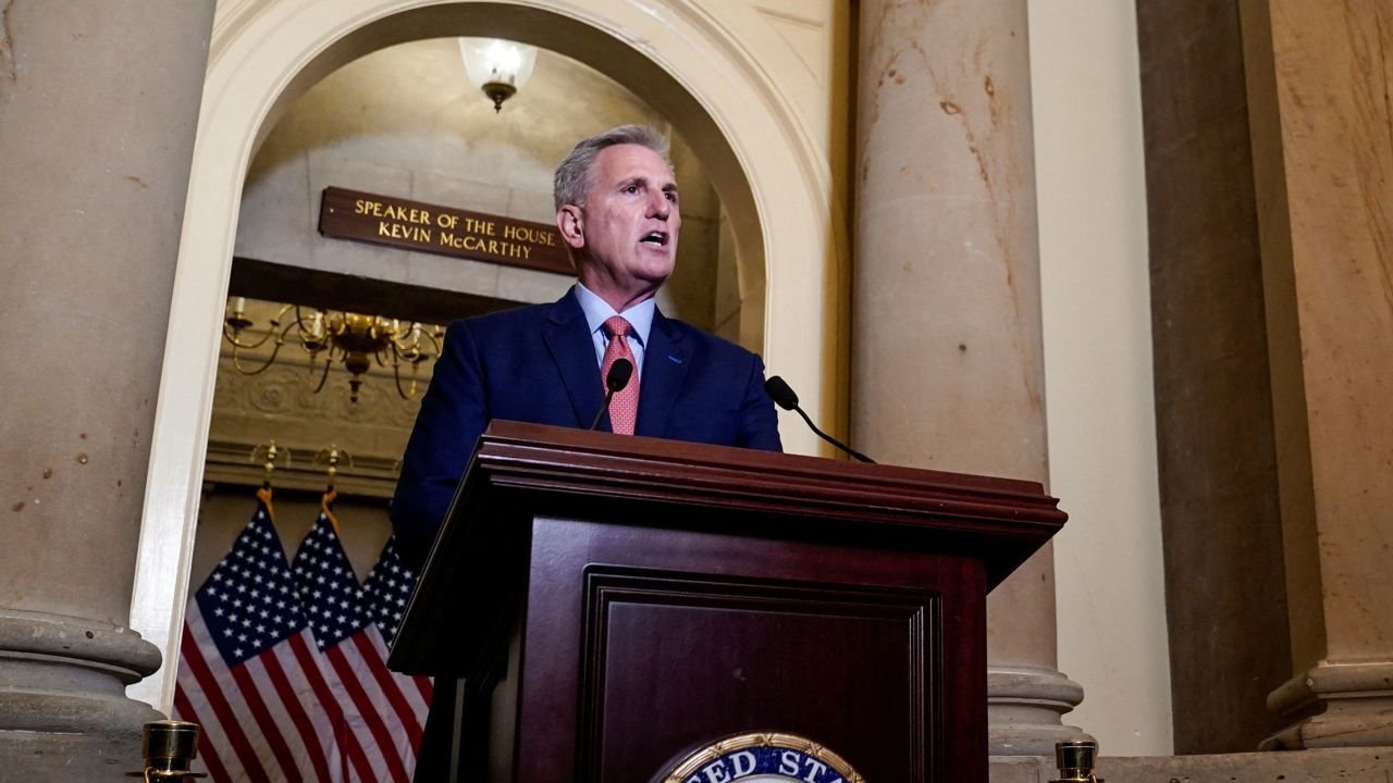 House Speaker Kevin McCarthy calls for an impeachment inquiry into President Joe Biden while delivering a statement on allegations surrounding President Biden and his son Hunter Biden, on Capitol Hill in Washington, DC, on September 12.