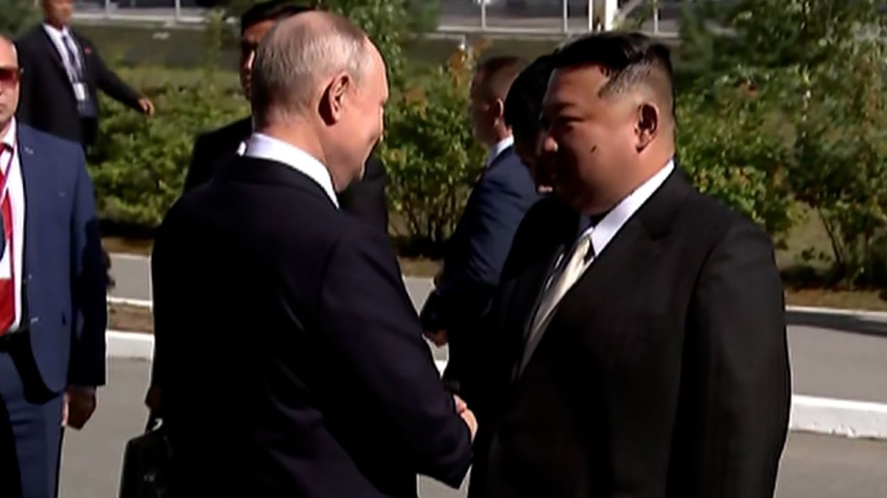 North Korean leader Kim Jong Un shakes hands with Russian President Vladimir Putin in Amur province, Russia on September 13, 2023.